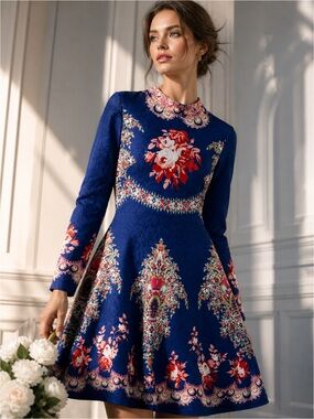 Stunning Royal Blue Floral Fit & Flare Skater Dress vibrant floral Sz:S